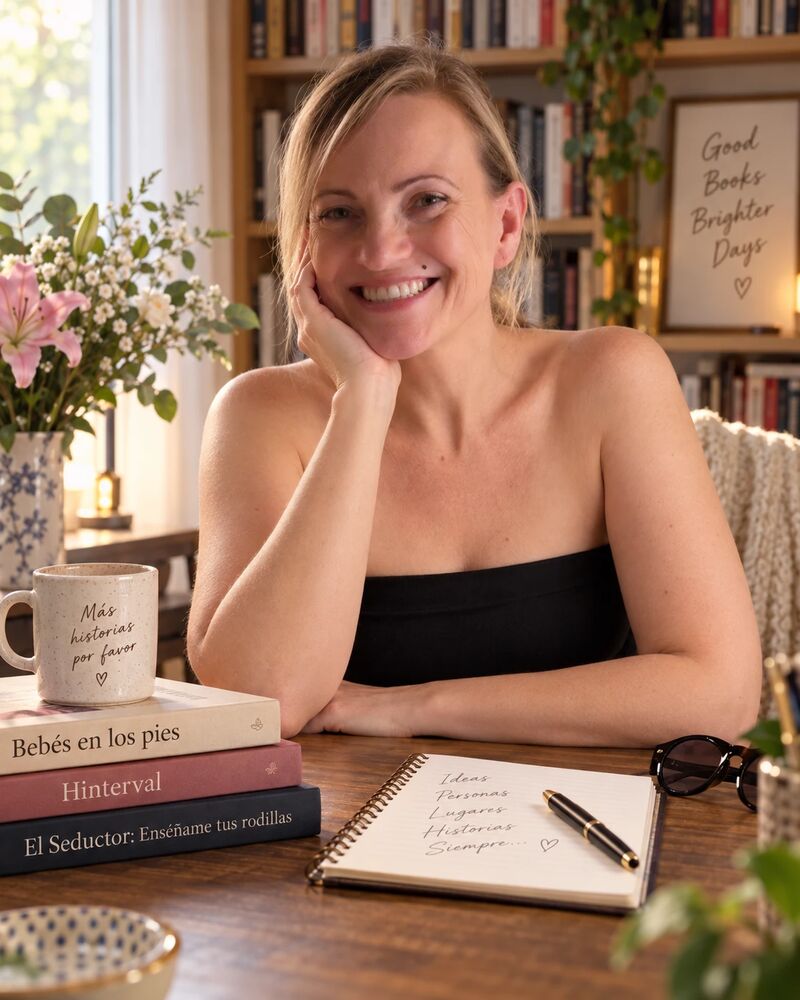 Kseniya Helvegr smiles at her desk, with a cup and her books