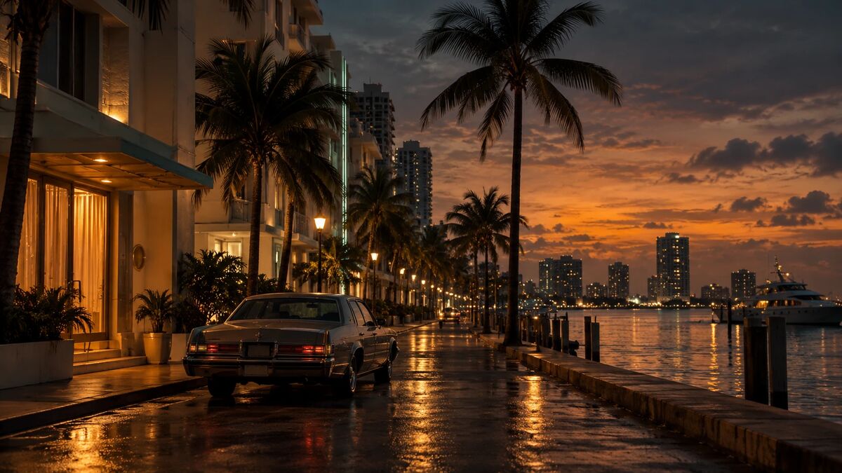 Seafront promenade at sunset with a classic car parked outside a lit-up hotel